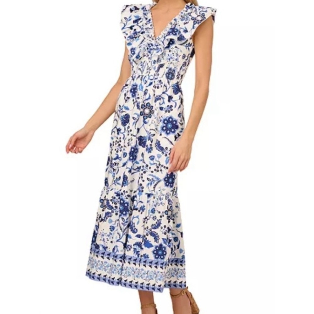 Adrianna Papell Blue White Floral Ruffle Midi Dress NWOT Size 10 Cottagecore - Picture 1 of 10